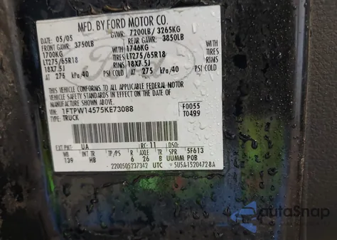 2005 Ford F-150 Fx4/Lariat/Xlt z USA, uszkodzony, nr VIN 1FTPW14575KE73088